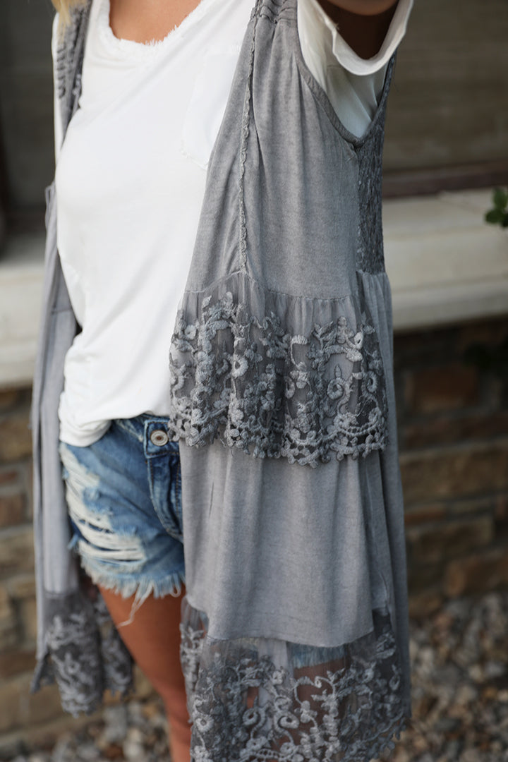 Esme Lace Ruffled Stone Washed Kimono Vest - Grey - Barefoot Dreamer