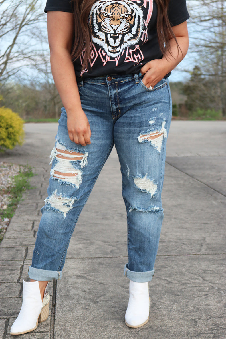 Blessed and Distressed Boyfriend Cuffed Destroyed Jeans - Barefoot Dreamer