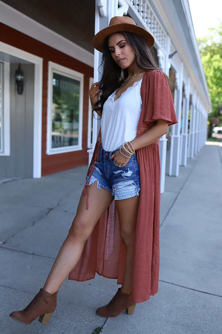 Wild Soul Lace Crochet Maxi Duster - Rust - Barefoot Dreamer