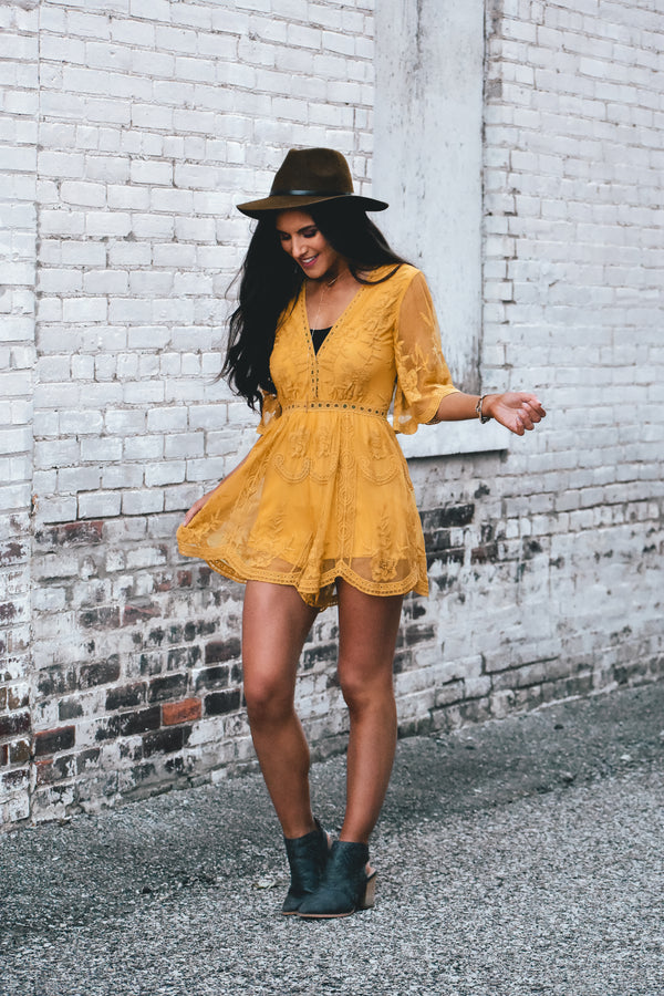 Olivia Embroidered Lace Romper - Mustard - Barefoot Dreamer