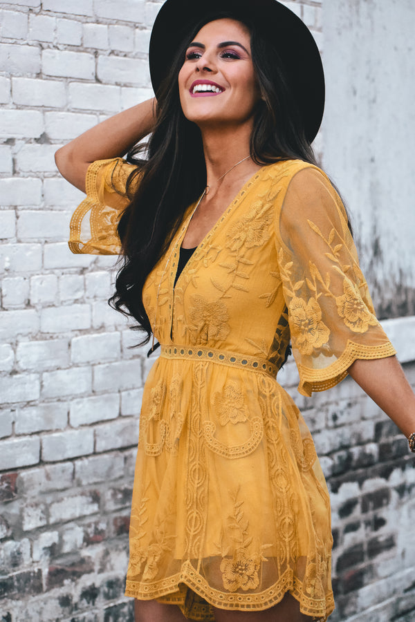 Olivia Embroidered Lace Romper - Mustard - Barefoot Dreamer