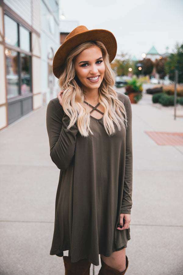 Aria Front Cross Strap Knit Dress - Olive - Barefoot Dreamer