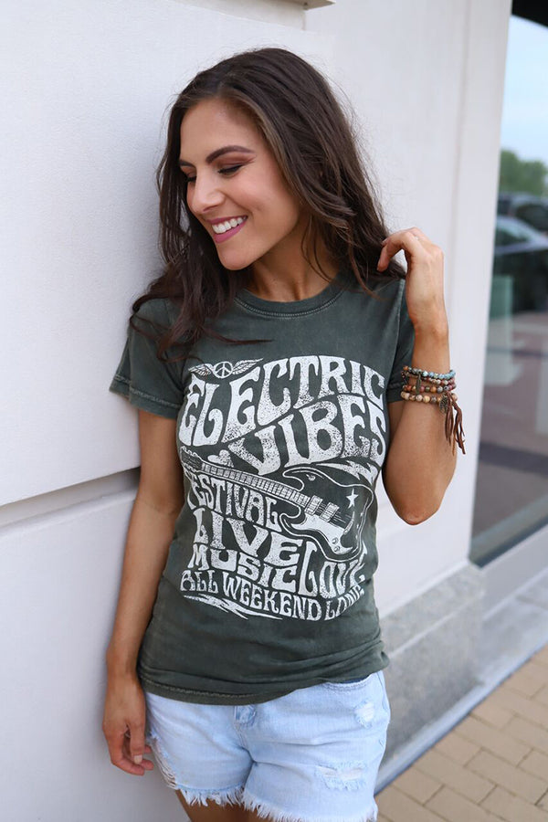 Electric Vibes  Festival Graphic Tee - Olive - Barefoot Dreamer