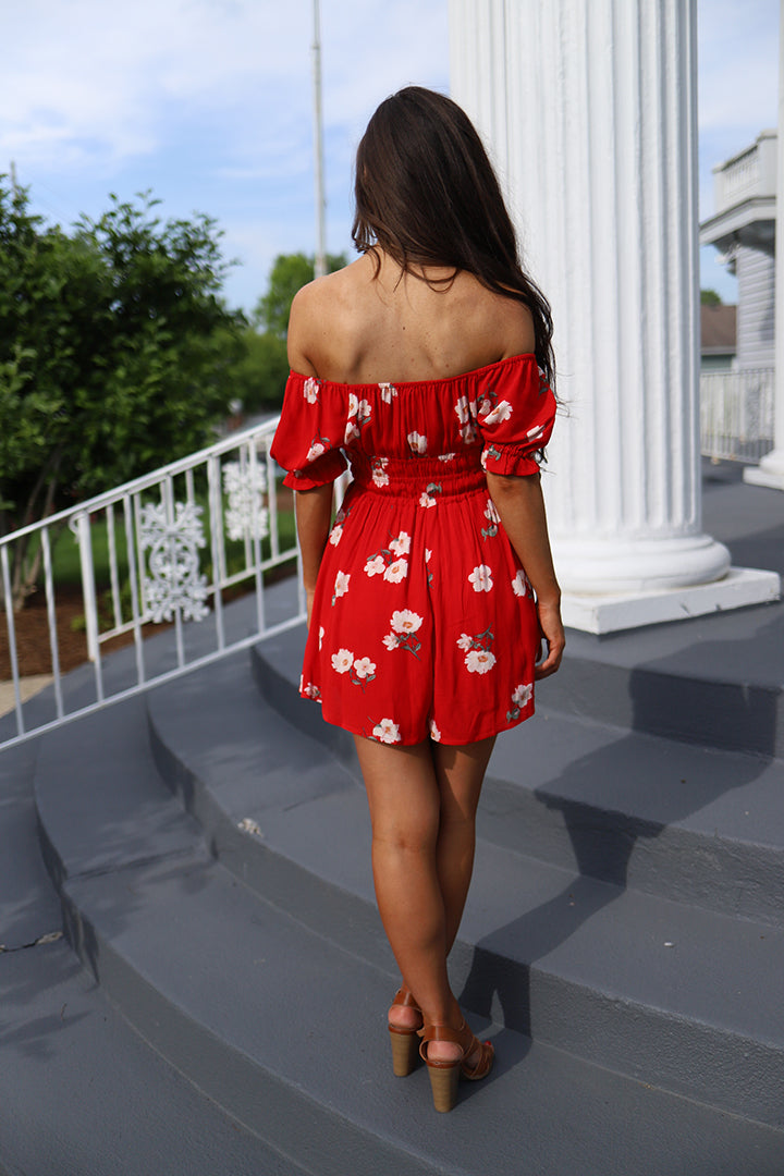 Indra Off Shoulder Red Floral Romper - Barefoot Dreamer