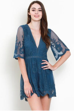 Olivia Embroidered Lace Romper - Teal - Barefoot Dreamer