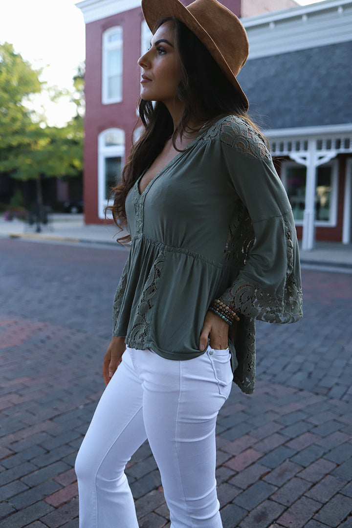 Everly Lace Detail Peasant Top - Olive - Barefoot Dreamer