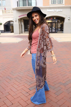 Celeste Stone Washed Lace Kimono Duster - Brown - Barefoot Dreamer