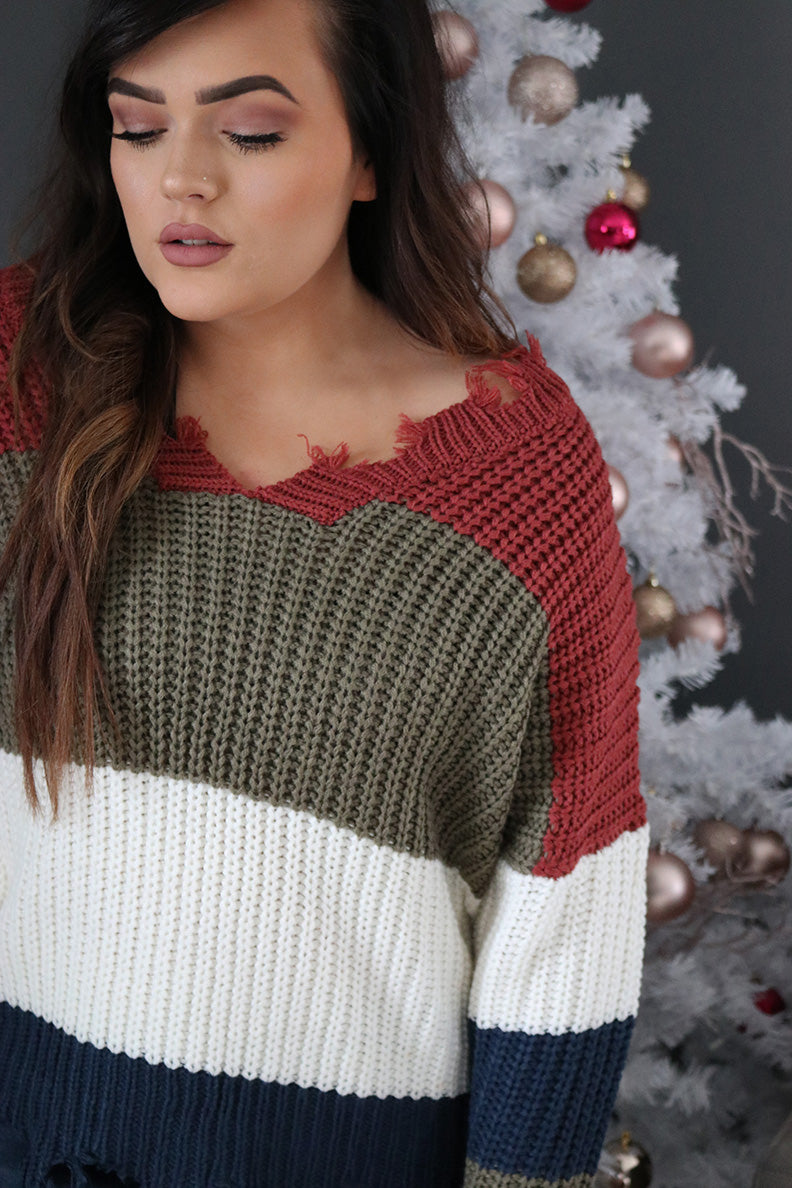Autumn Distressed Color block Knit Sweater - Olive/Ivory - Barefoot Dreamer