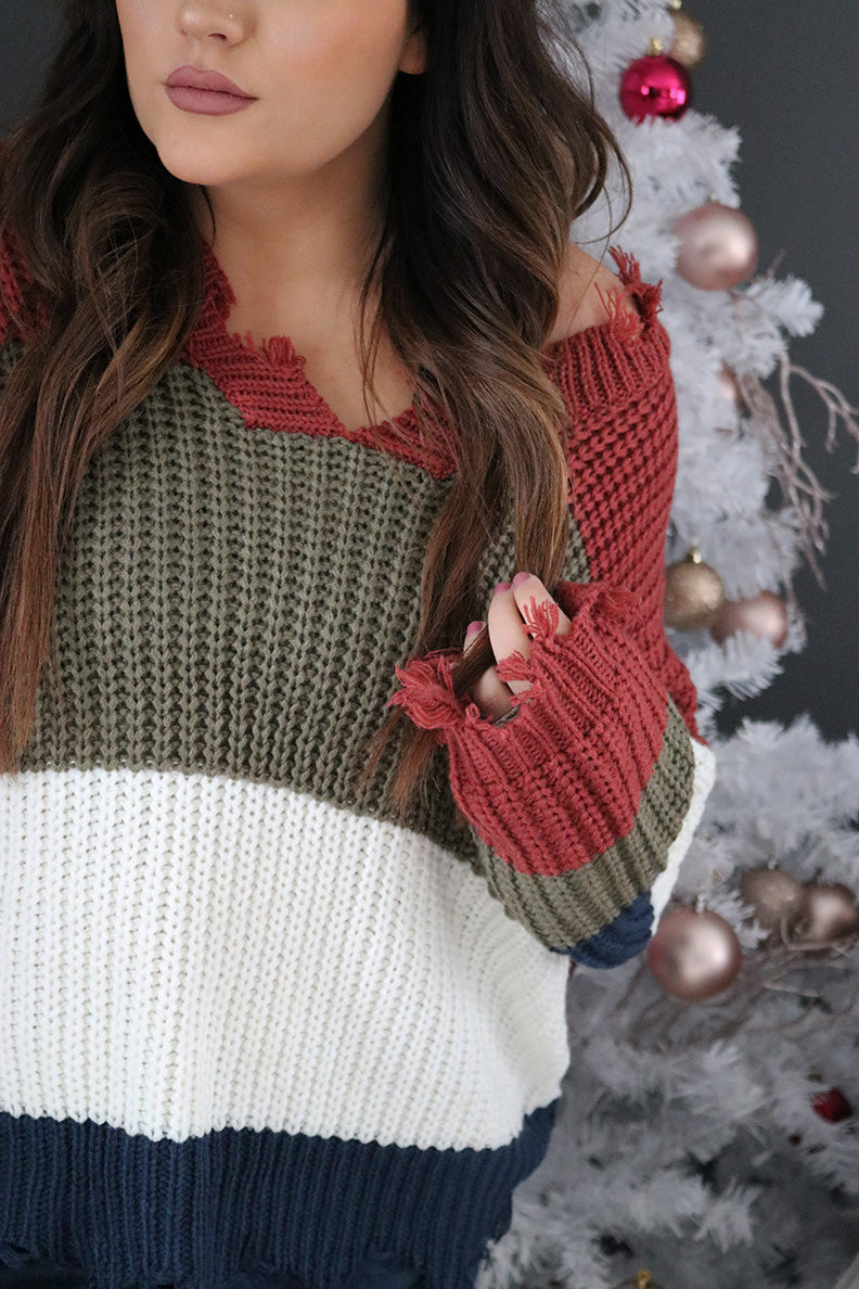 Autumn Distressed Color block Knit Sweater - Olive/Ivory - Barefoot Dreamer