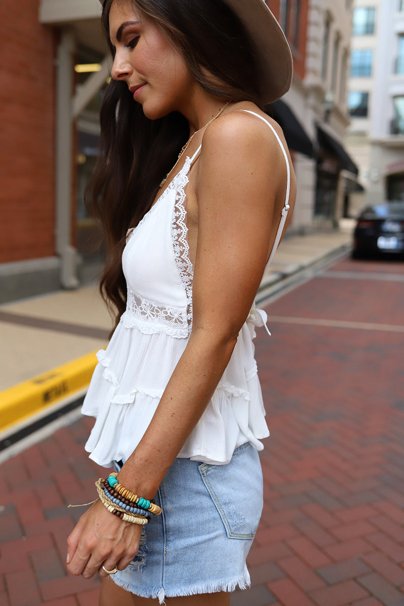 Raylin Crochet and Lace Ruffled Spaghetti Strap Boho Top - Ivory
