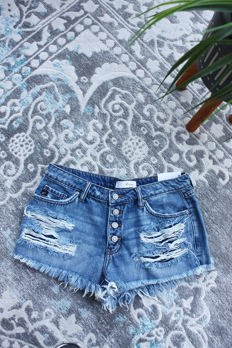 Cali Dreamin' Distressed Mid-rise Kancan Shorts - Medium Wash - Barefoot Dreamer