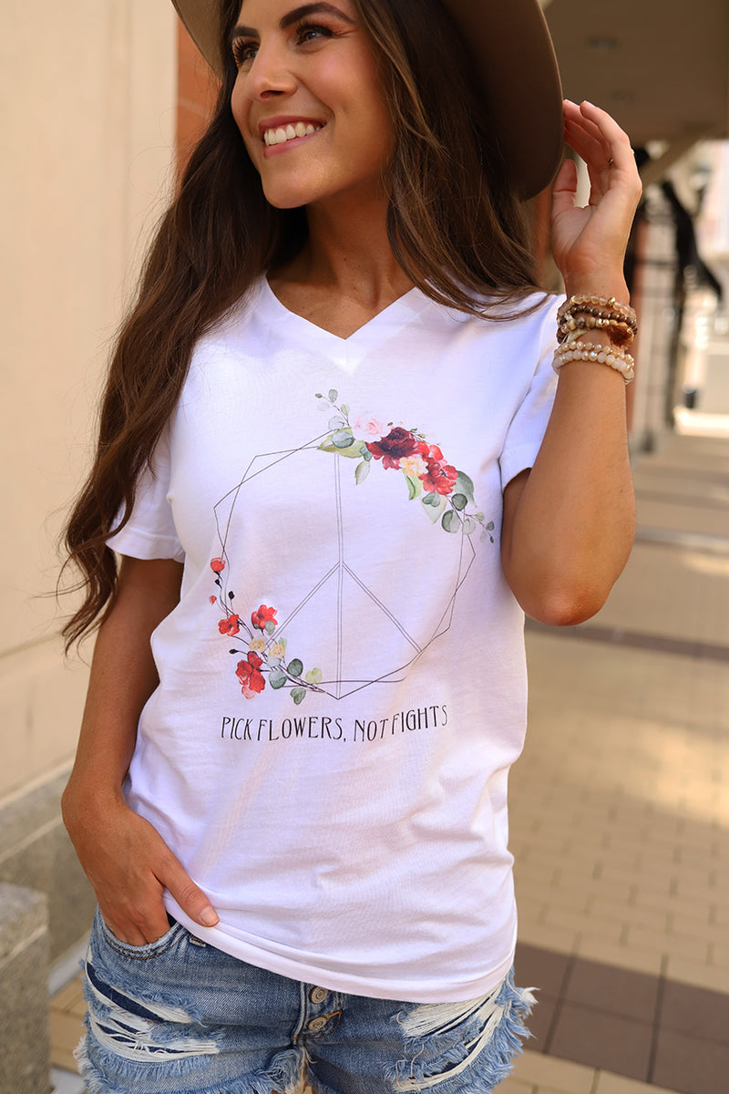 Pick Flowers, Not Fights Floral Peace Sign Graphic Tee