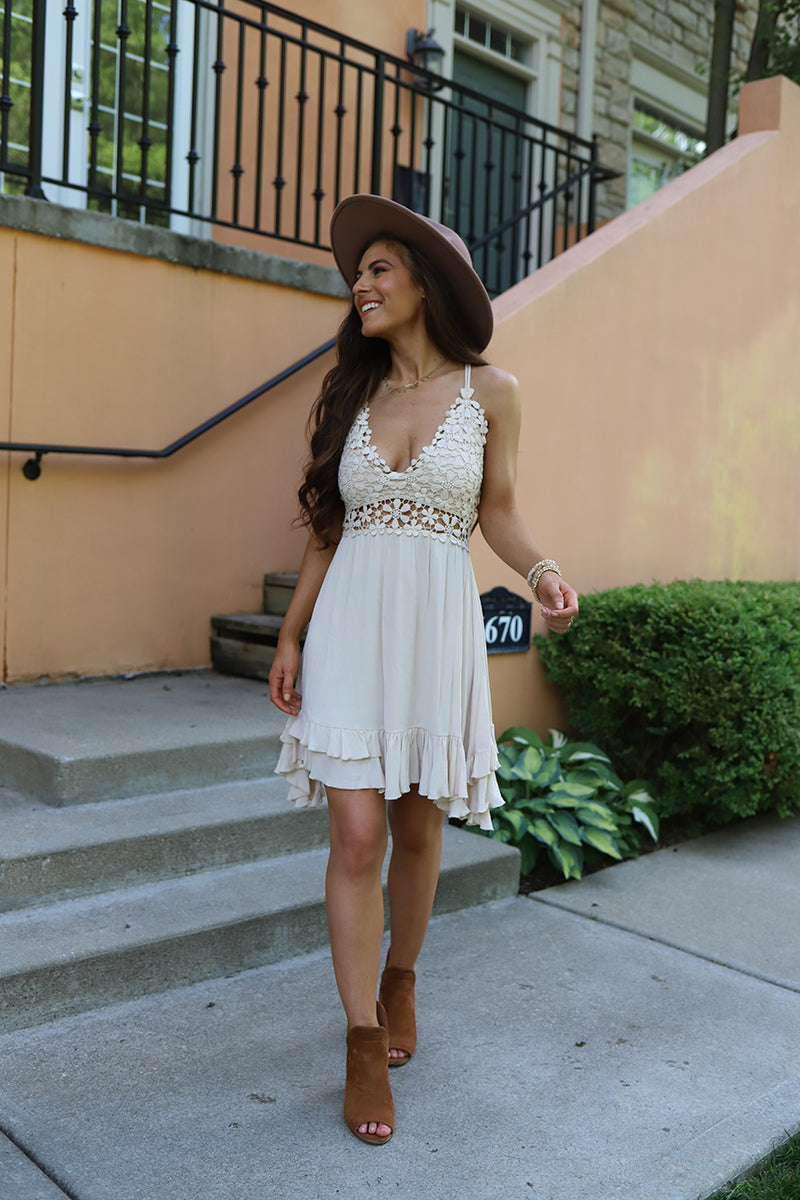 Davina Scalloped Floral Lace Dress  - Beige