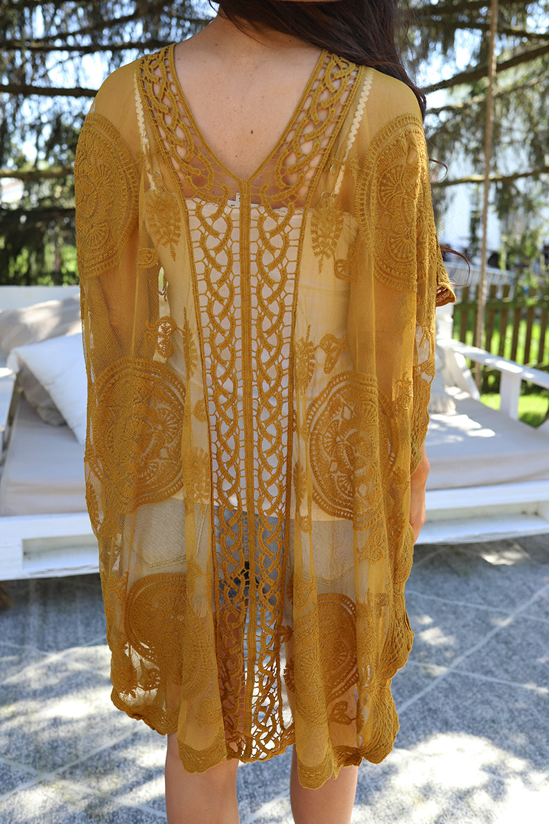 Boho Beautiful Lace Crochet Mandala Kimono - Mustard - Barefoot Dreamer