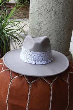Boho Luxe Wide Brim Crochet Accented Rancher Hat - Grey - Barefoot Dreamer