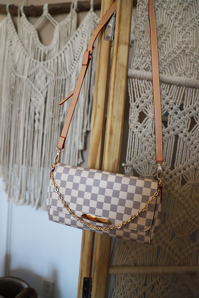 white checkered crossbody bag