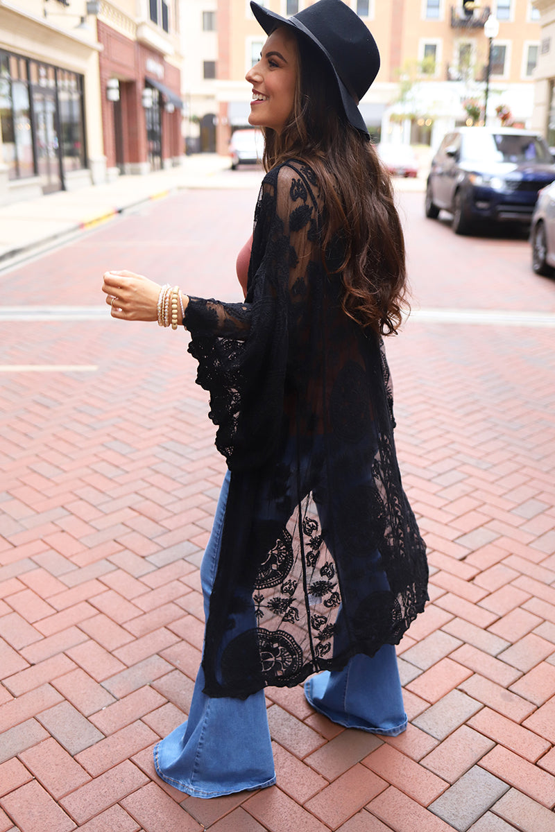 Boho Babe Bell Sleeve Lace Kimono Duster - Black Wild Dreamer Boho Babe Bell Sleeve Lace Kimono Duster - Black Wild Dreamer