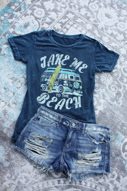 Take Me To The Beach Mineral Wash Graphic Tee - Blue - Barefoot Dreamer