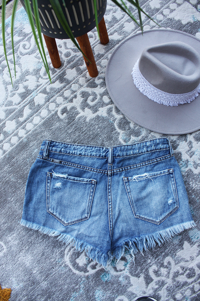 Cali Dreamin' Distressed Mid-rise Kancan Shorts - Medium Wash - Barefoot Dreamer