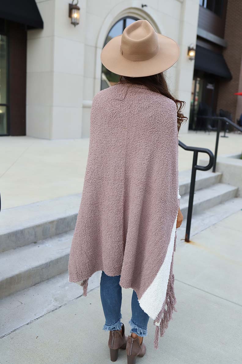 Evie Heavy Knit Poncho  Cardigan With Fringe - Taupe and Ivotry