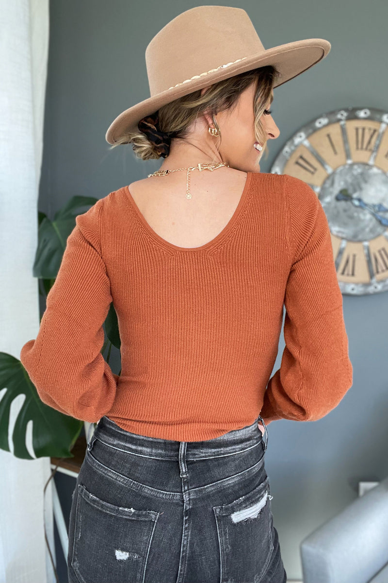 The Cassidy Scoop Neck Sweater Knit Bodysuit- Rust