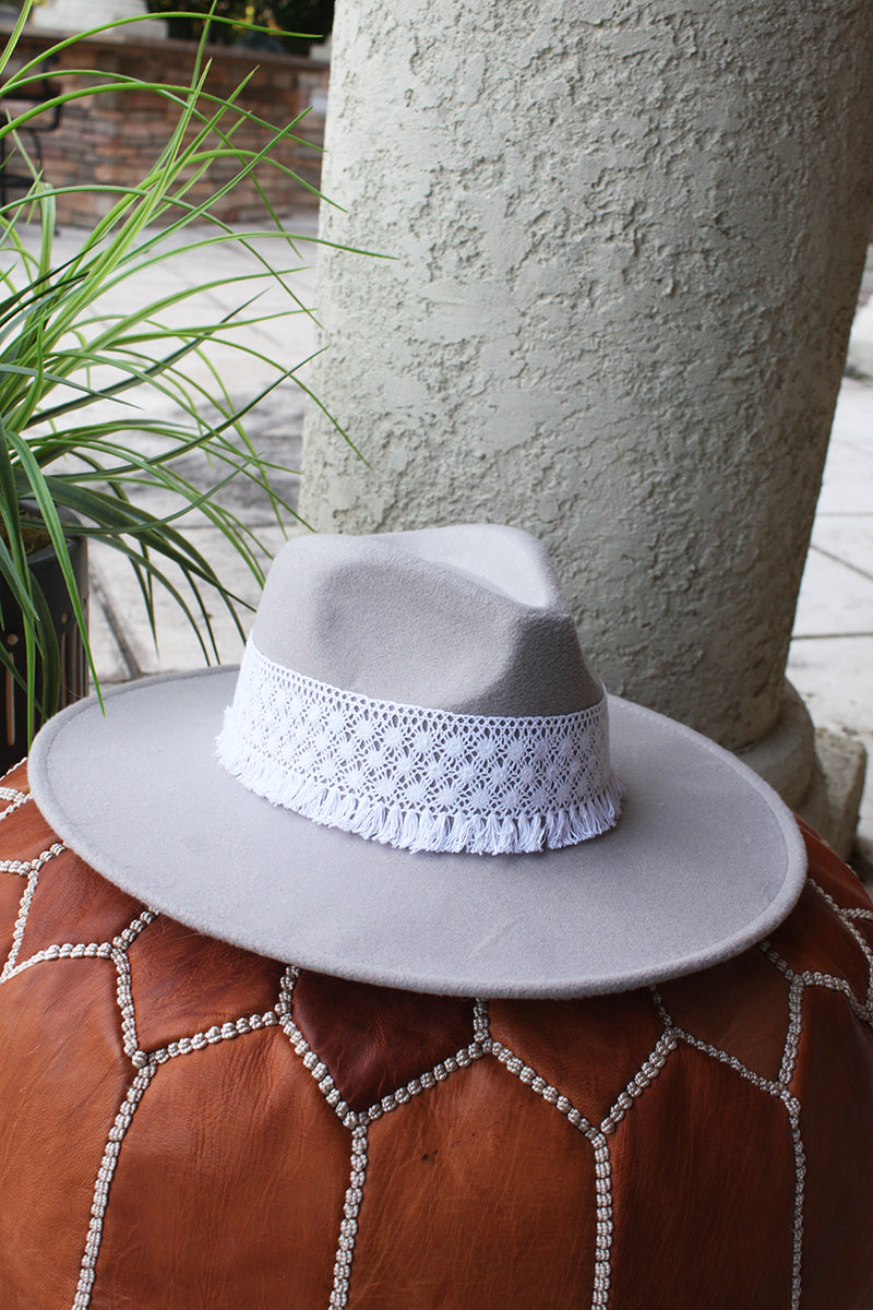 Boho Luxe Wide Brim Crochet Accented Rancher Hat - Grey - Barefoot Dreamer