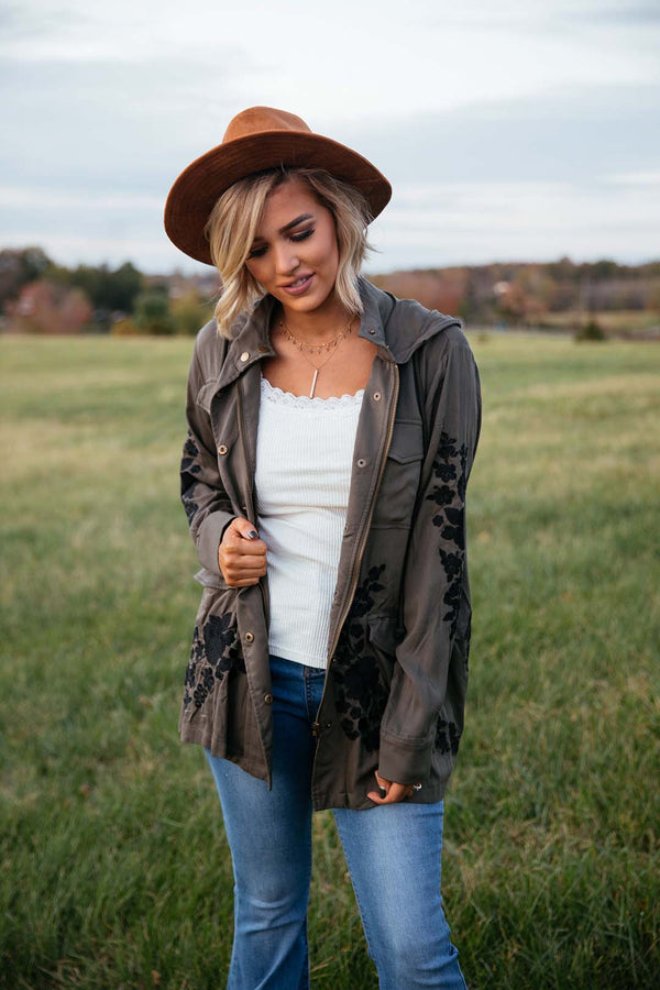 Oaklyn Embroidered Olive Green Utility Jacket - Barefoot Dreamer