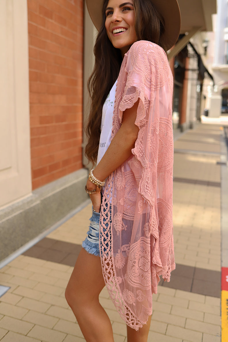 Boho Beautiful Lace Crochet Mandala Kimono - Blush