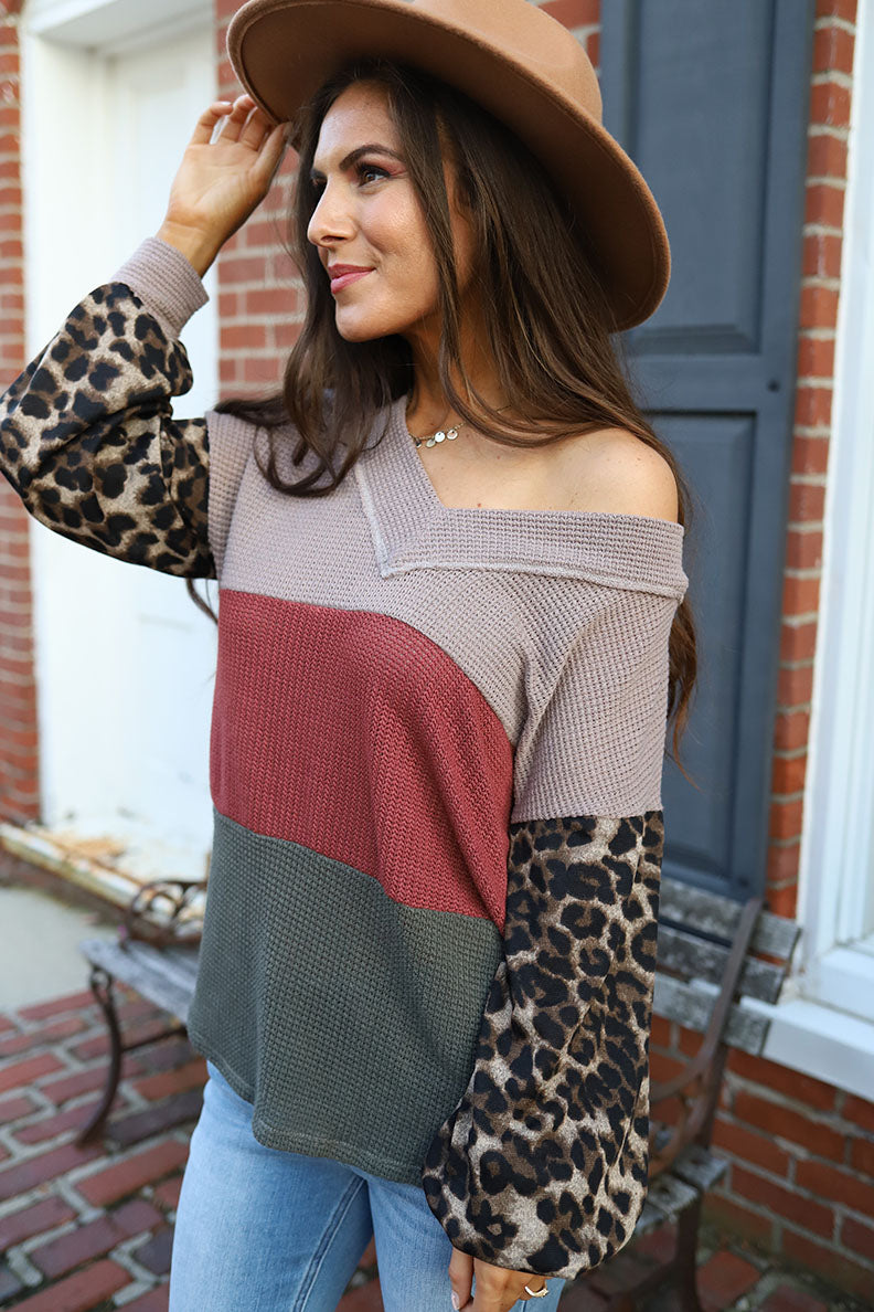 Wildly Loved Leopard Contrast Sleeve Colorblock Waffle Knit Top