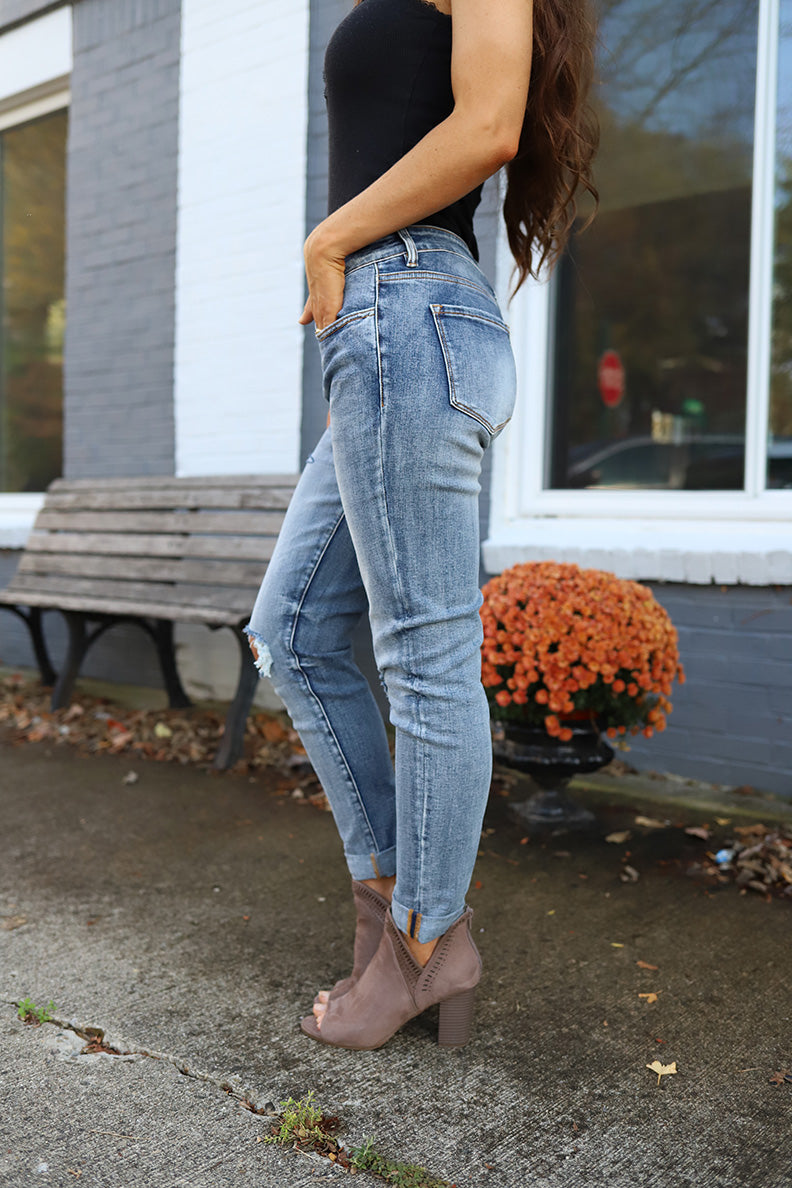 So Torn Mid-Rise Button Fly Distressed Girlfriend Jeans