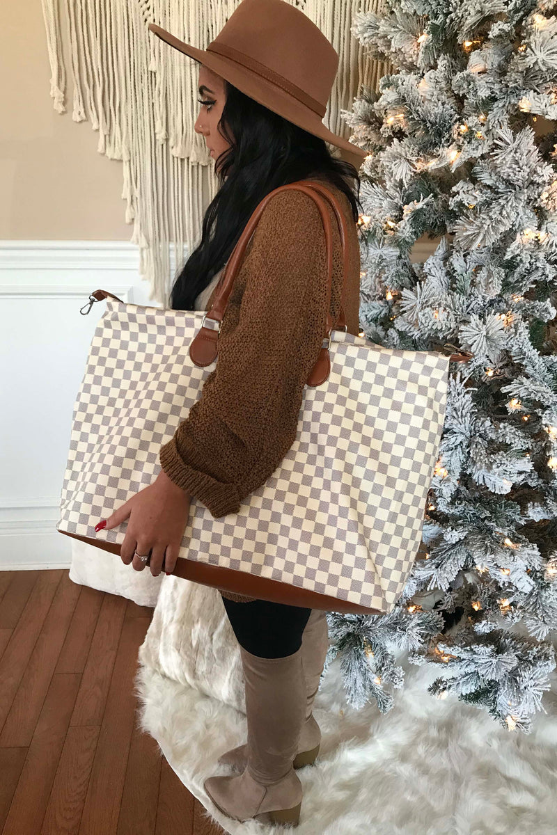 The Luxe Checkered Weekender Bag - Cream