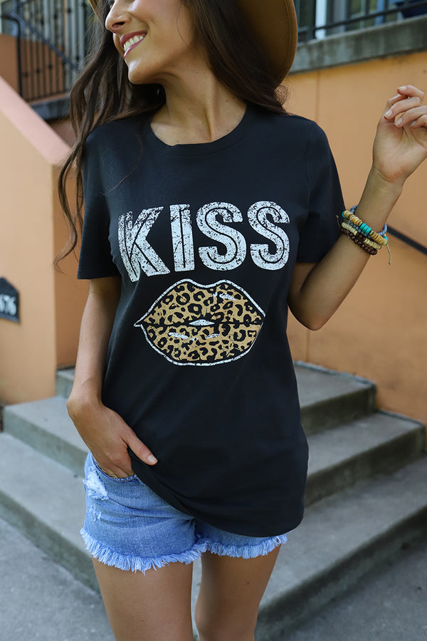 Kiss Leopard Lips Graphic Tee - Black