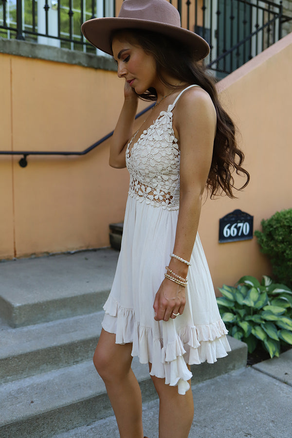 Davina Scalloped Floral Lace Dress  - Beige