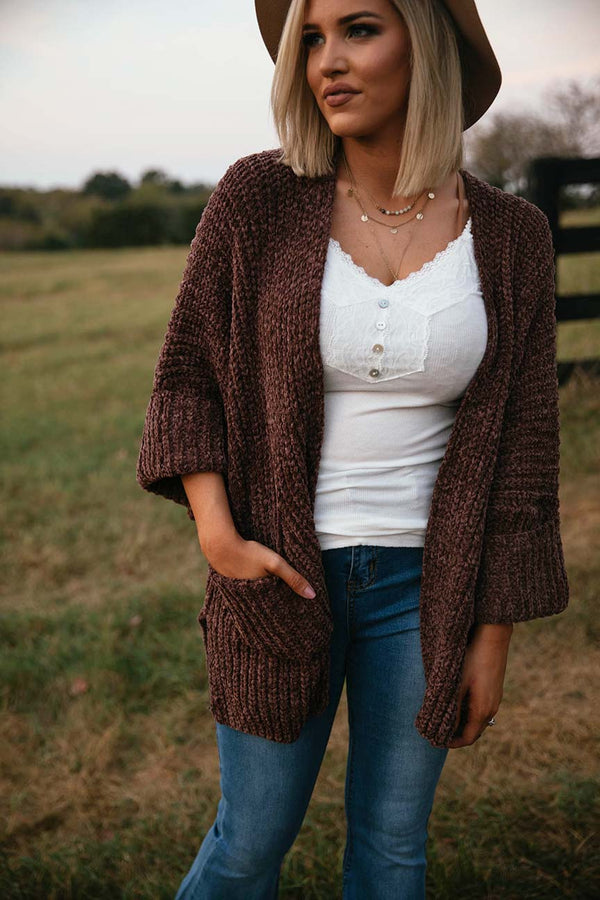 Sawyer Cable Knit Slouchy Cardigan - Brown - Barefoot Dreamer