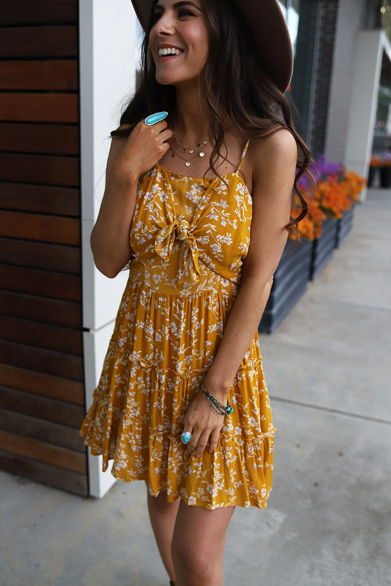 Dream Chaser Mustard Yellow Floral Dress