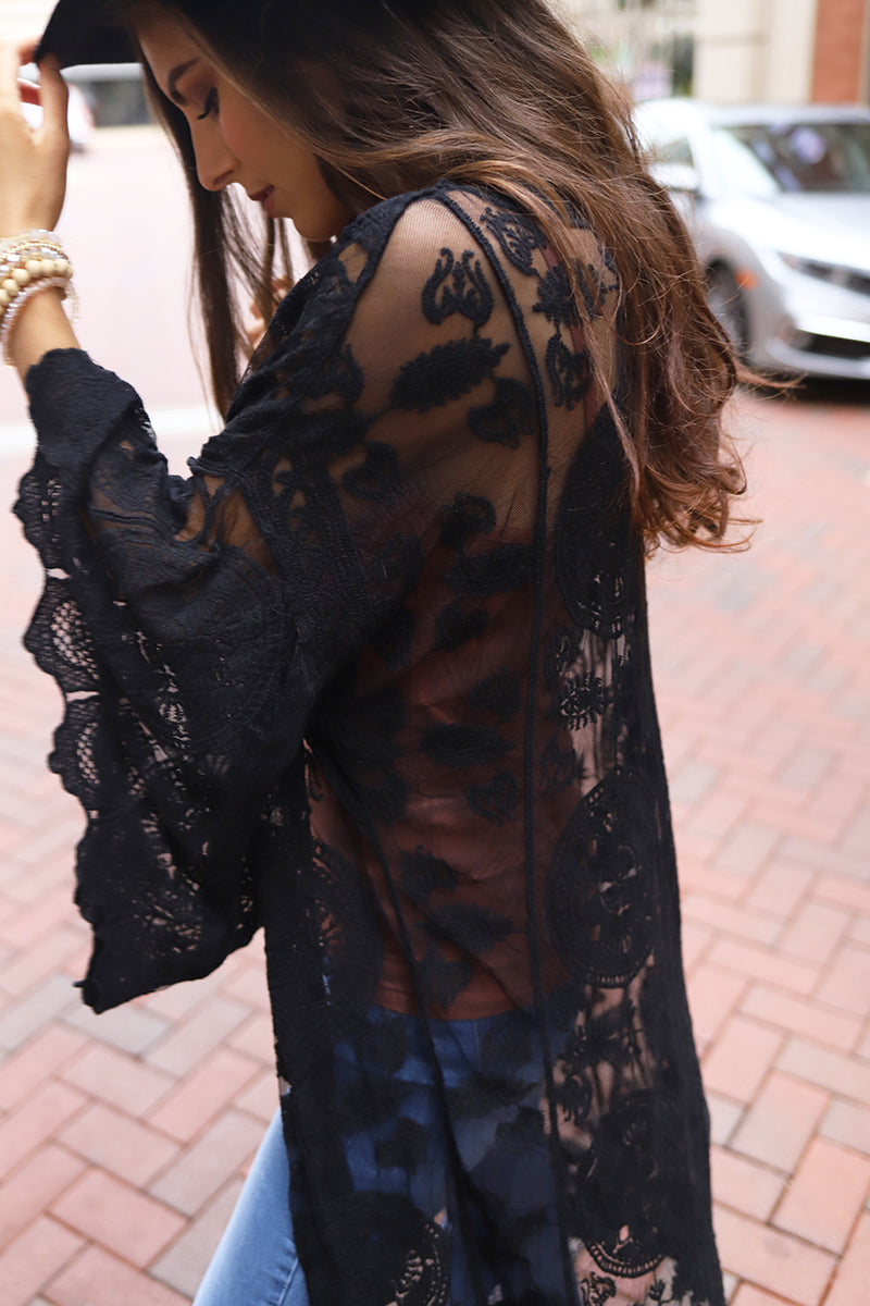 Boho Babe Bell Sleeve Lace Kimono Duster - Black - Barefoot Dreamer