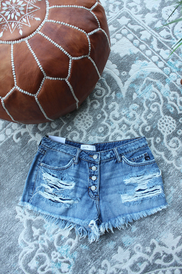 Cali Dreamin' Distressed Mid-rise Kancan Shorts - Medium Wash - Barefoot Dreamer