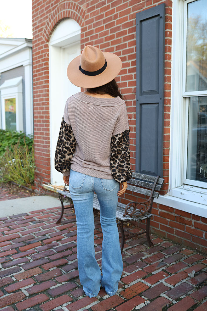 Wildly Loved Leopard Contrast Sleeve Colorblock Waffle Knit Top