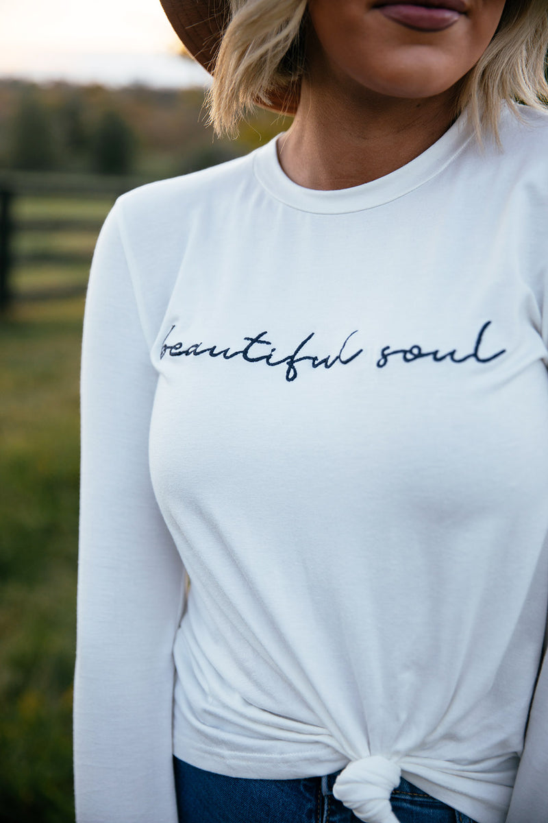 Beautiful Soul Long Sleeved Embroidery Tee - Barefoot Dreamer