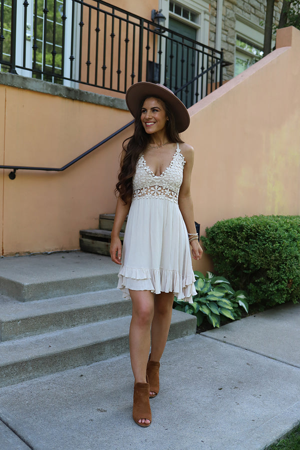 Davina Scalloped Floral Lace Dress  - Beige