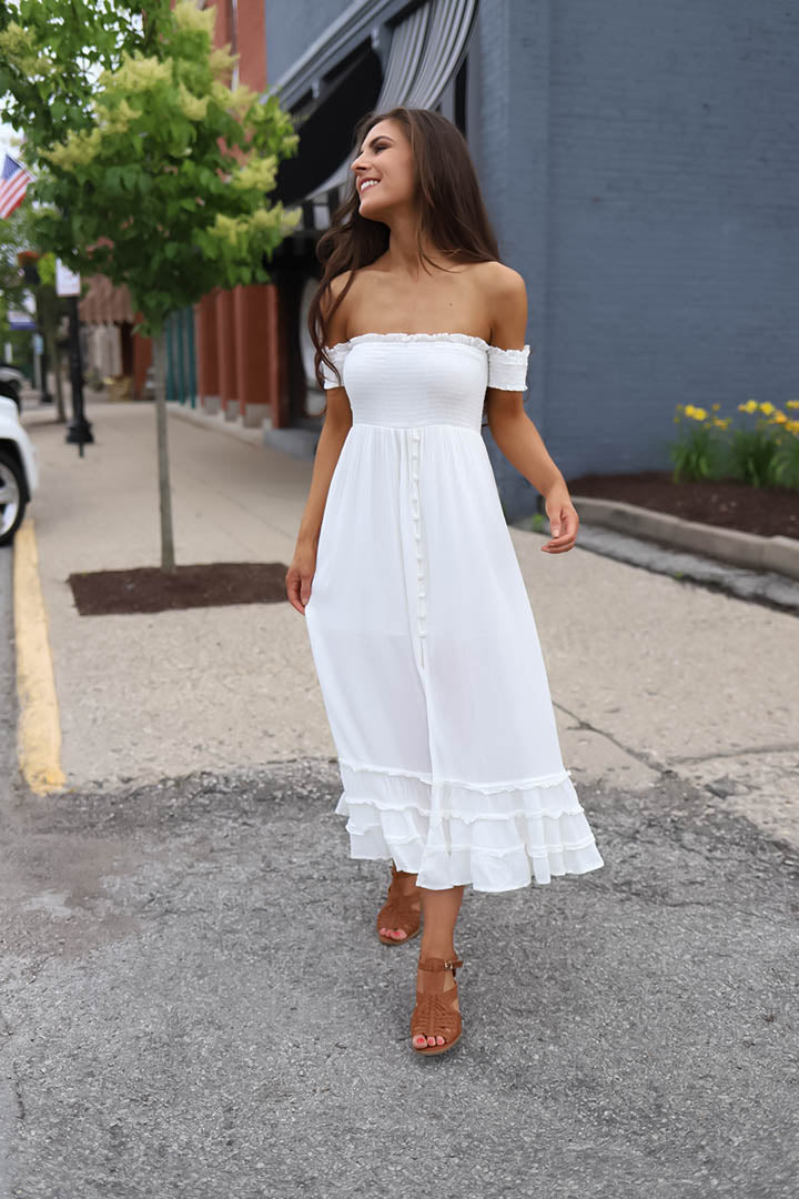 Gabriella White Off Shoulder Smocked Maxi Dress - Barefoot Dreamer