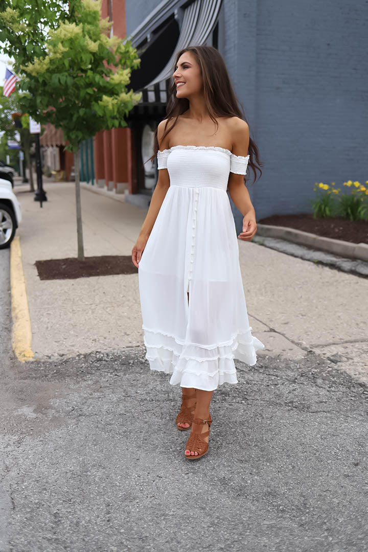 Gabriella White Off Shoulder Smocked Maxi Dress - Barefoot Dreamer