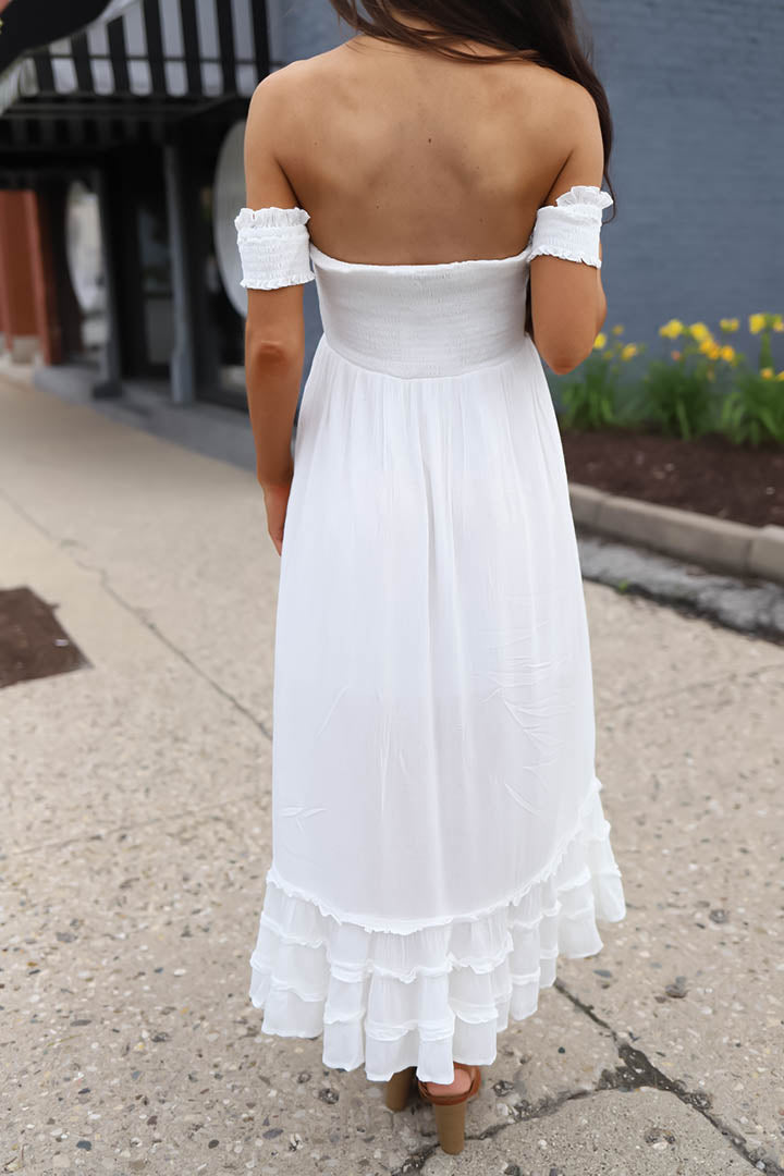 Gabriella White Off Shoulder Smocked Maxi Dress - Barefoot Dreamer