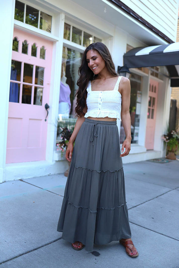 Free To Wander Tiered Ruffled Maxi Skirt - Olive - Barefoot Dreamer
