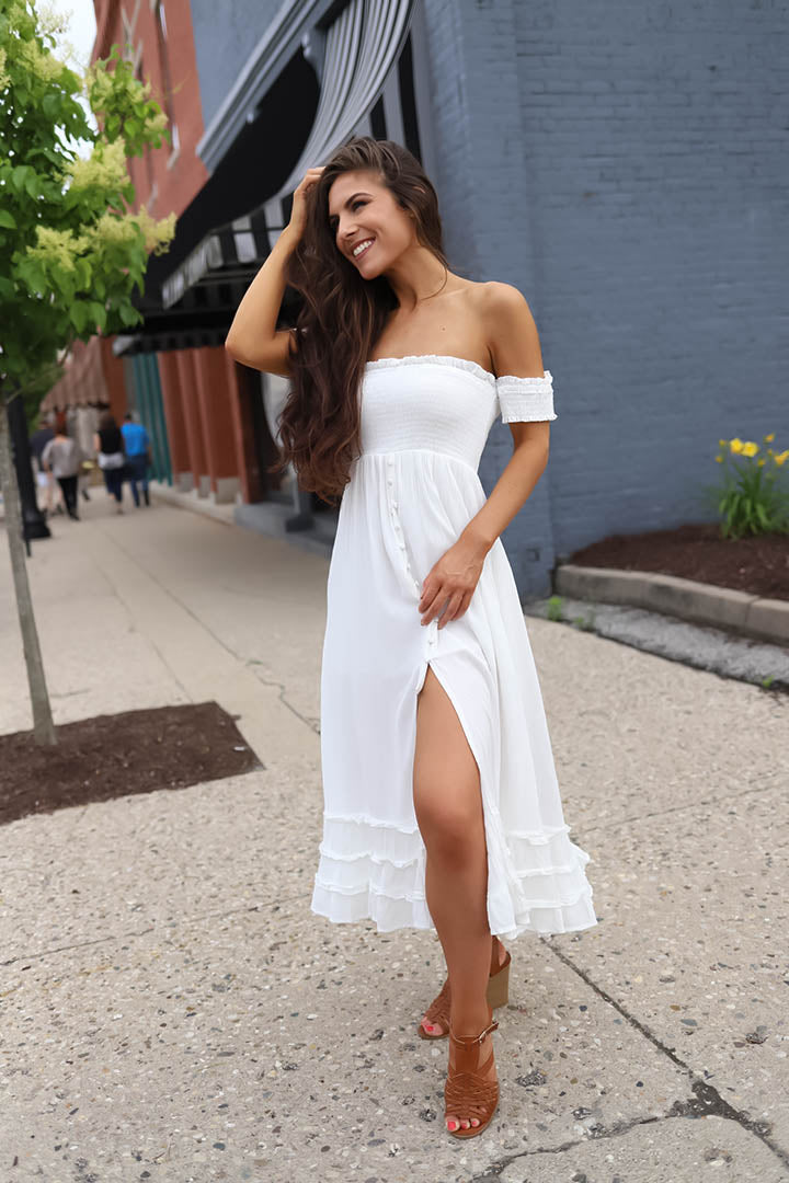 Gabriella White Off Shoulder Smocked Maxi Dress - Barefoot Dreamer